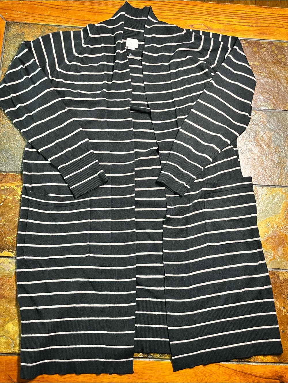a new day Black and White Striped Open-Front Long Cardigan-Size S